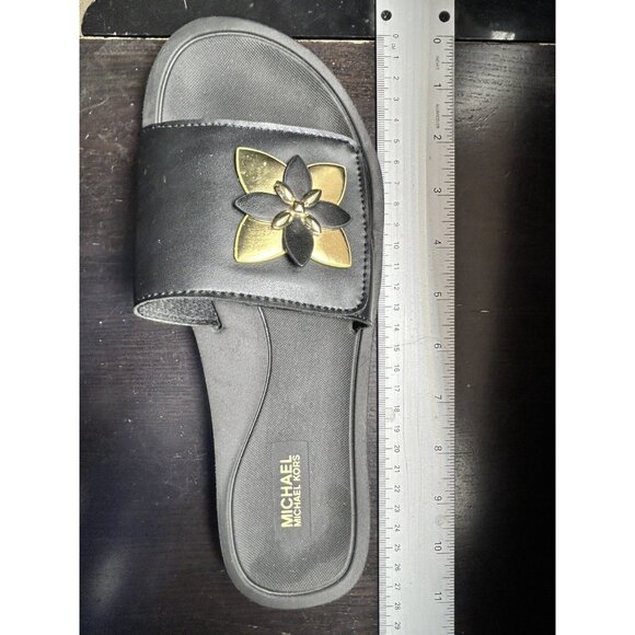 MICHAEL KORS NAPPA BLACK/GOLD FLOWER SUMMER SLIDE SANDAL SIZE 8.5-9 Adjustable - Picture 4 of 4